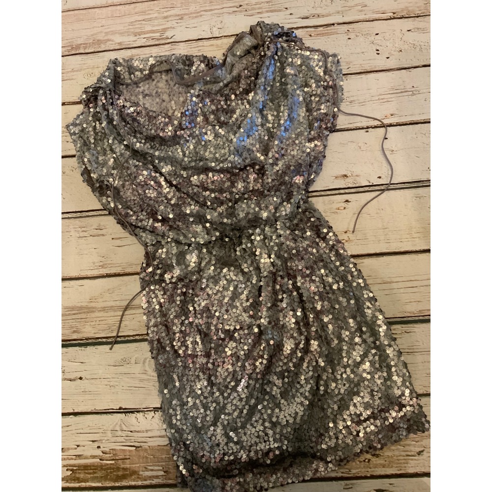 Aidan Mattox Silver Sequin Cowl Neck Blouson Mini Dress Size 8 Cocktail Party